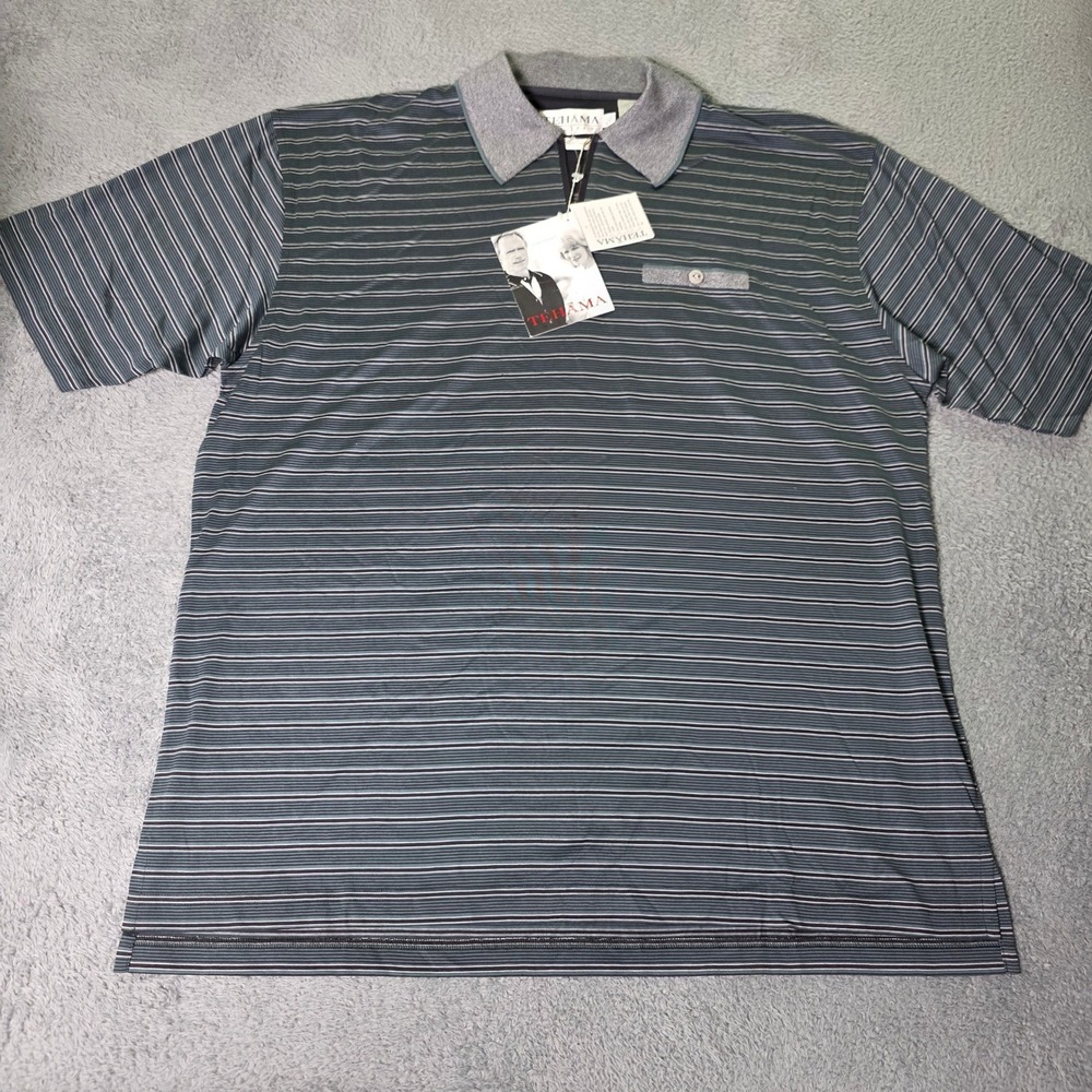 Tehama Mens XL Polo Shirt Grey Blue Striped Mercerized Cotton Quarter Zip Golf